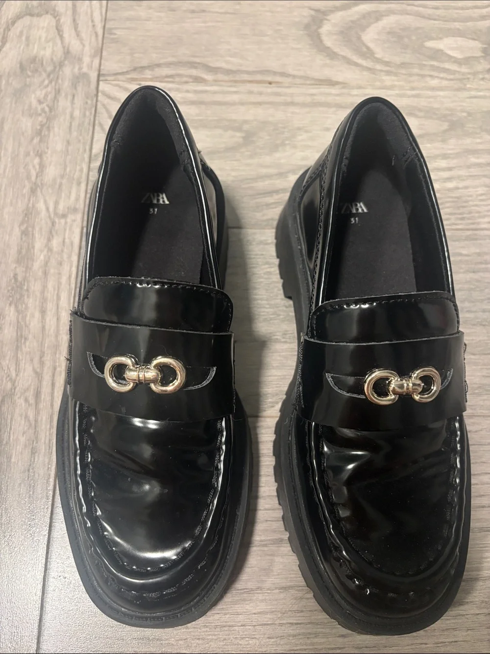 Kids Zara Black Patent Loafers with Metal Link Accent